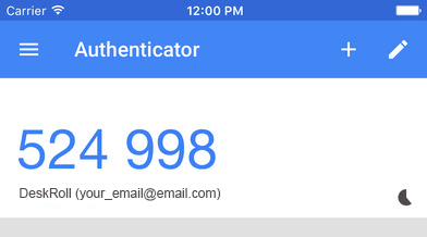 DeskRoll passcode in Google Authenticator